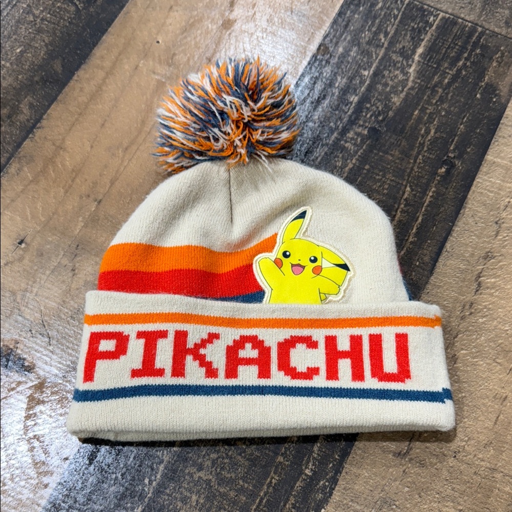 Pokemon Pikachu Kids Hat with Pom Pom - Cream, Orange, Blue